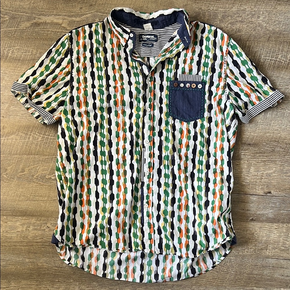 Desigual Men Green Blue Yellow Short Sleeve Vintage Button Front Shirt Size XXL